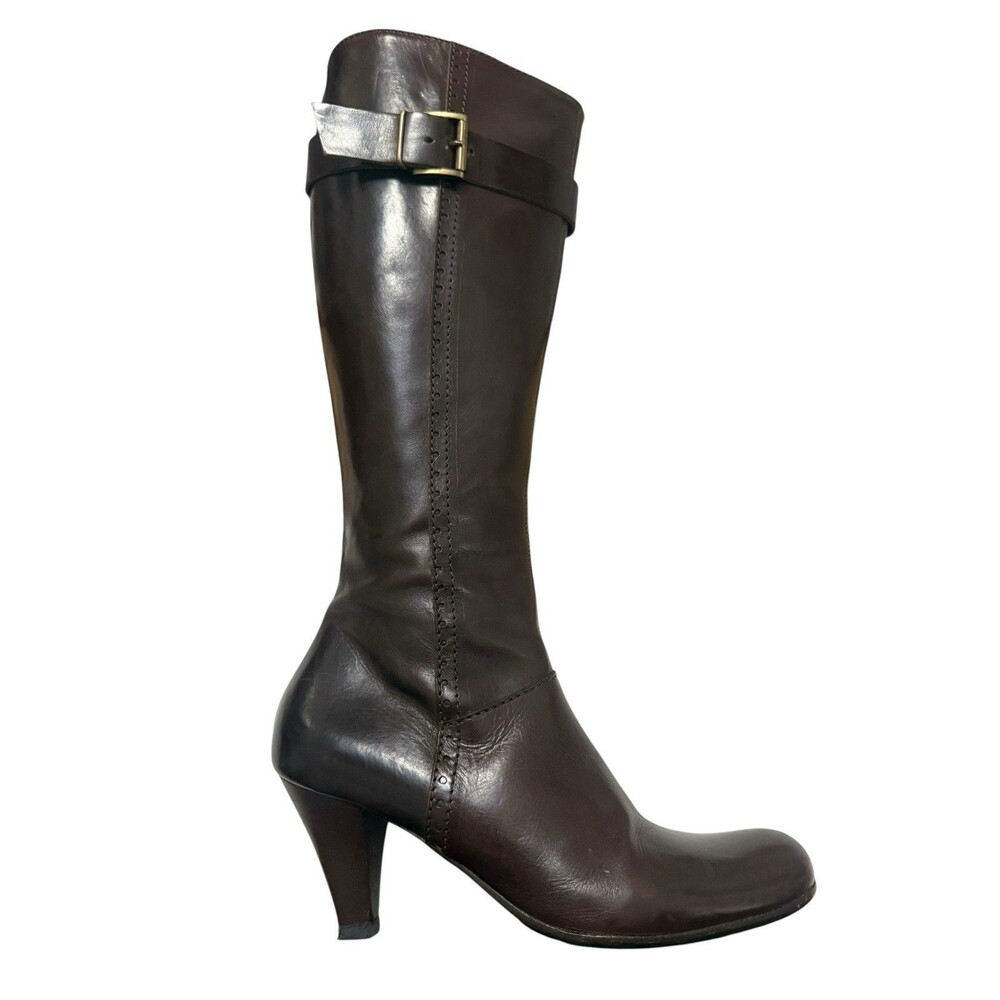 Tenzone Italy Brown Leather Knee High Boots Size 36 Kitten Heel Buckle with Box